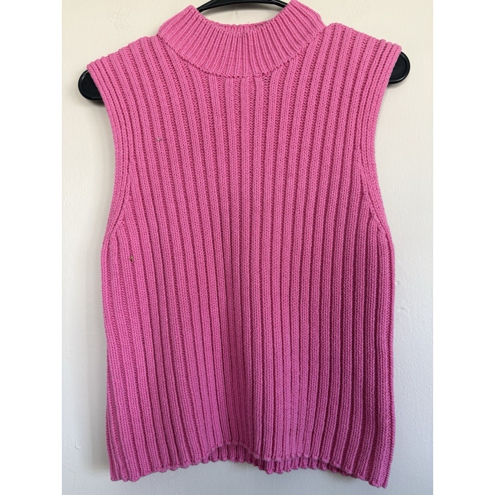 Vintage 80s Sleeveless Hot Pink Turtleneck Ribbed Knit Sweater Preppy She+Sky